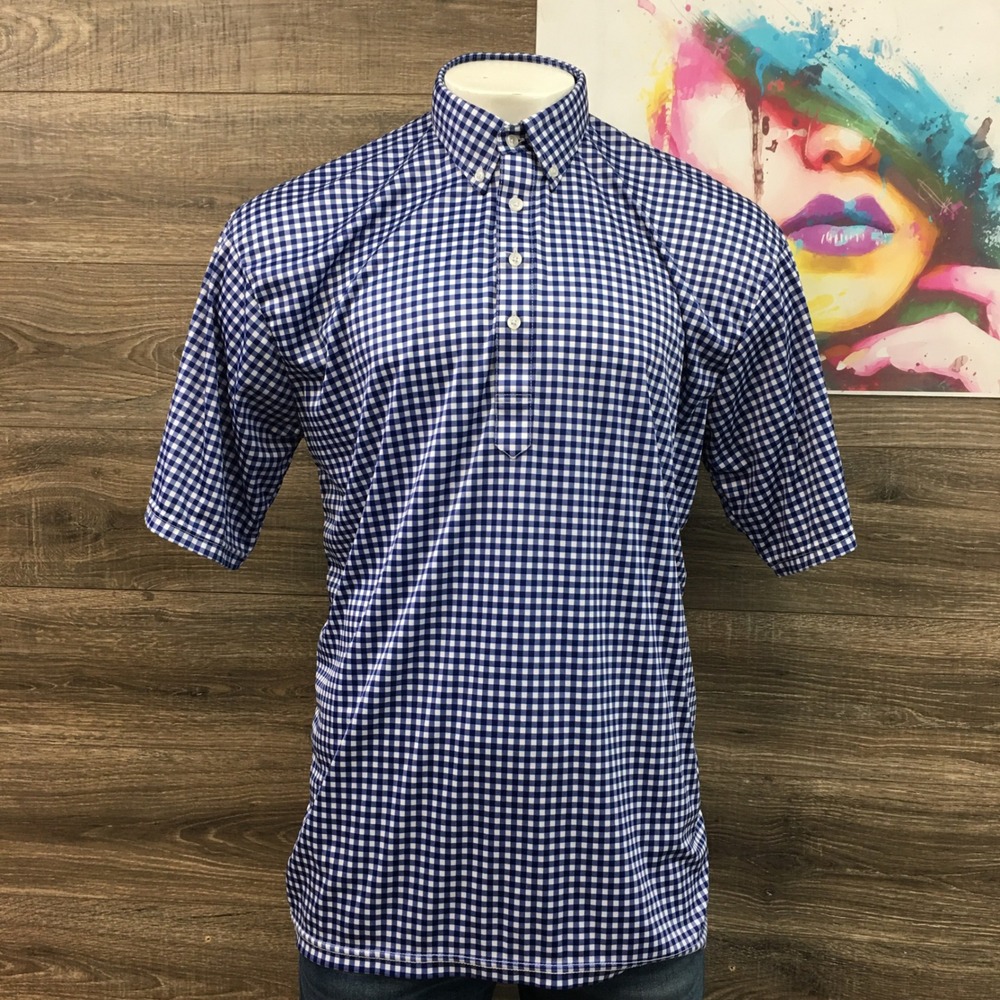 Collars & Co Mens Dress Collar Polo Shirt Blue White Gingham Check 2X‎ Large